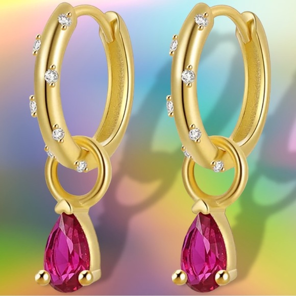 NEW 14K Yellow Gold-Plated White Crystal CZ Encrusted Huggie Hoops w Ruby Dangle - Picture 7 of 16